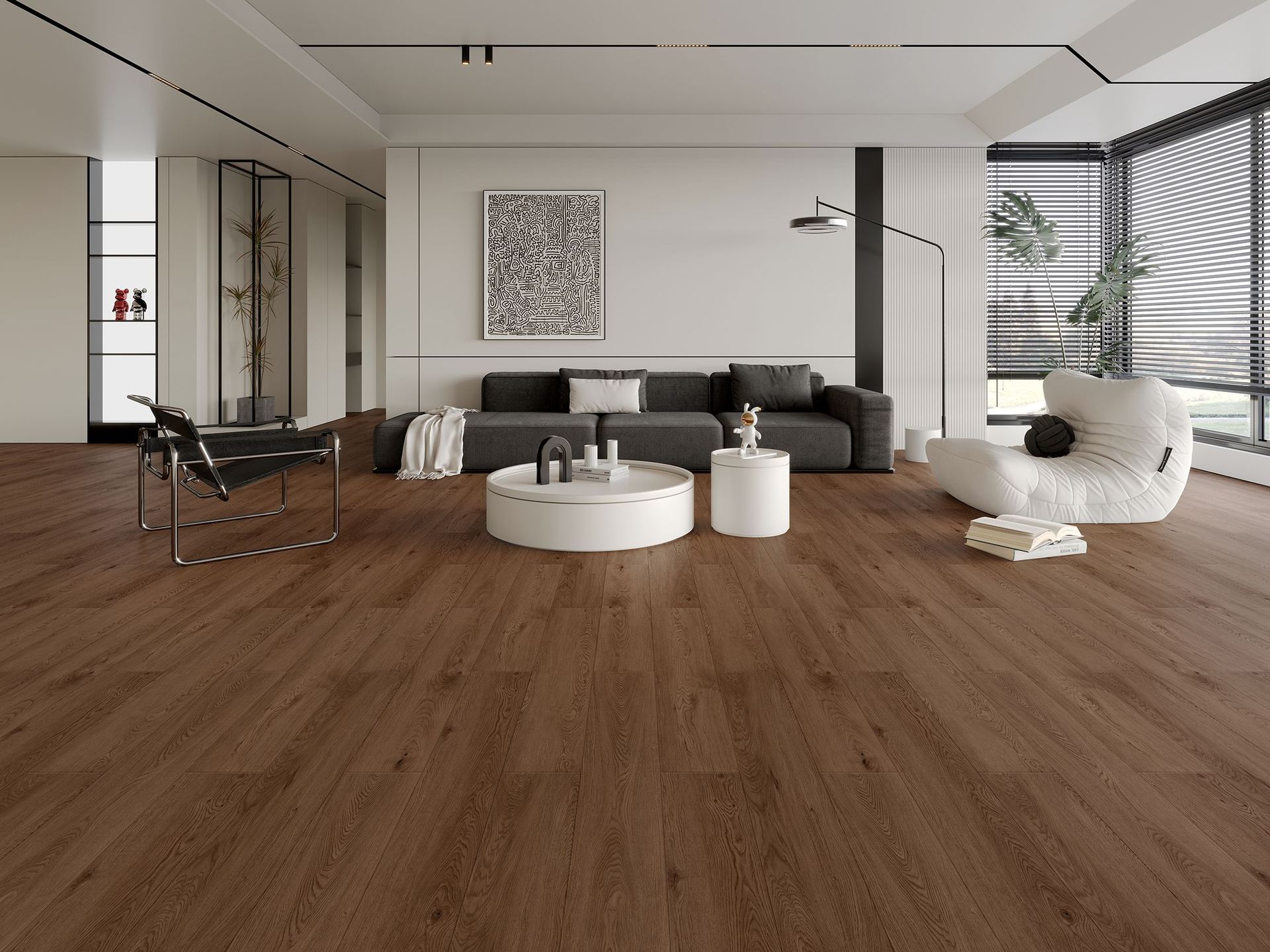 Modern living room with wide-plank oak-look flooring